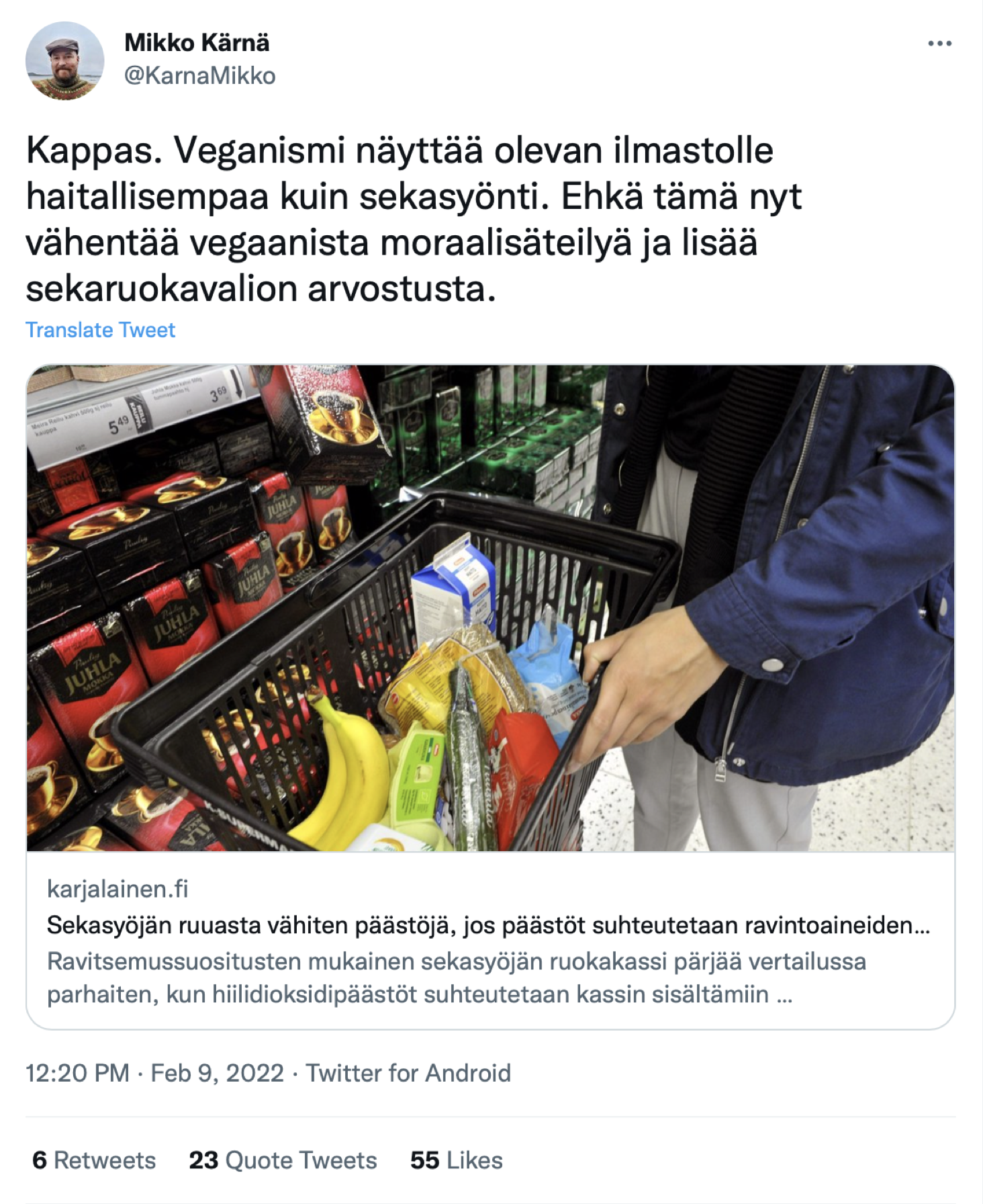 Ruutukaappaus kansanedustaja Mikko Kärnän twiitistä. Teksti: "Kappas. Veganismi näyttää olevan ilmastolle haitallisempaa kuin sekasyönti. Ehkä tämä nyt vähentää vegaanista moraalisäteilyä ja lisää sekaruokavalion arvostusta.”